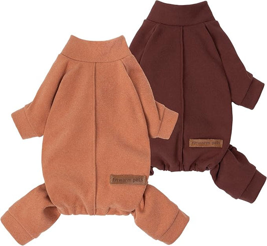 Fitwarm 2 Pack Lightweight Fleece Dog Pajamas, Thanksgiving Outfit for Small Dogs Boy Girl, Cozy Pet Onesie with Feet, Orange, Brown, XXL