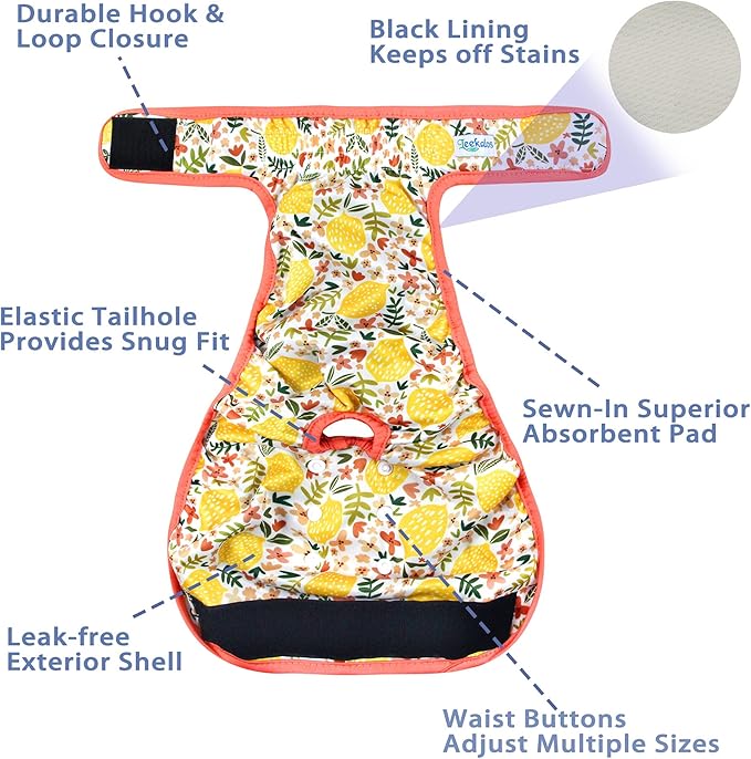 Leekalos Reusable Washable Dog Diapers Female (3 Pack) - Highly Absorbent Doggie Diapers - Size Adjustable Puppy Diapers for Dog Period Panties (Medium, Sunflower)