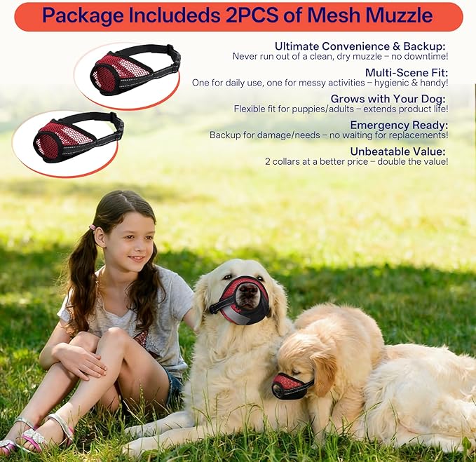 2 Pack Dog Muzzle, Breathable Reflective Soft Mesh Pet Muzzle for Small Dogs to Prevent Biting, Chewing, Barking, Adjustable Muzzle for Daily Walking, Vet Visits, Grooming,Training, Red, XS