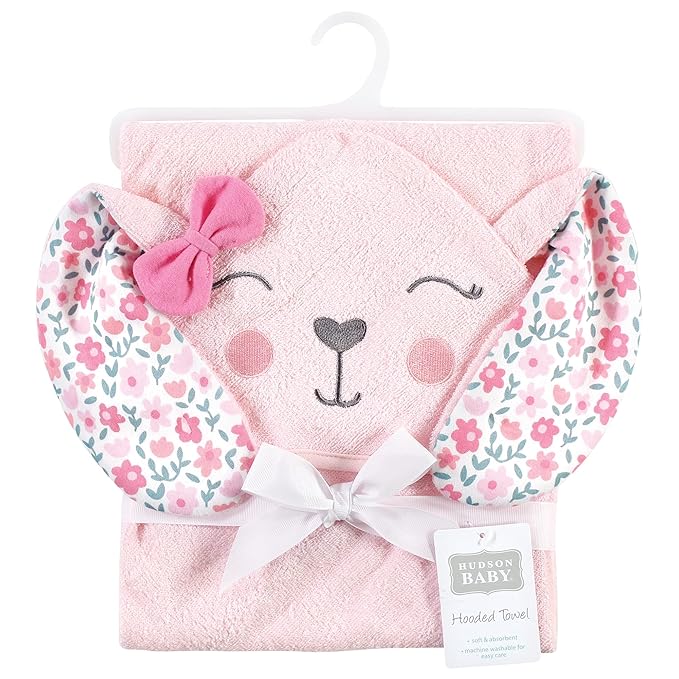 Hudson Baby Unisex Baby Cotton Animal Face Hooded Towel, Floral Bunny, One Size