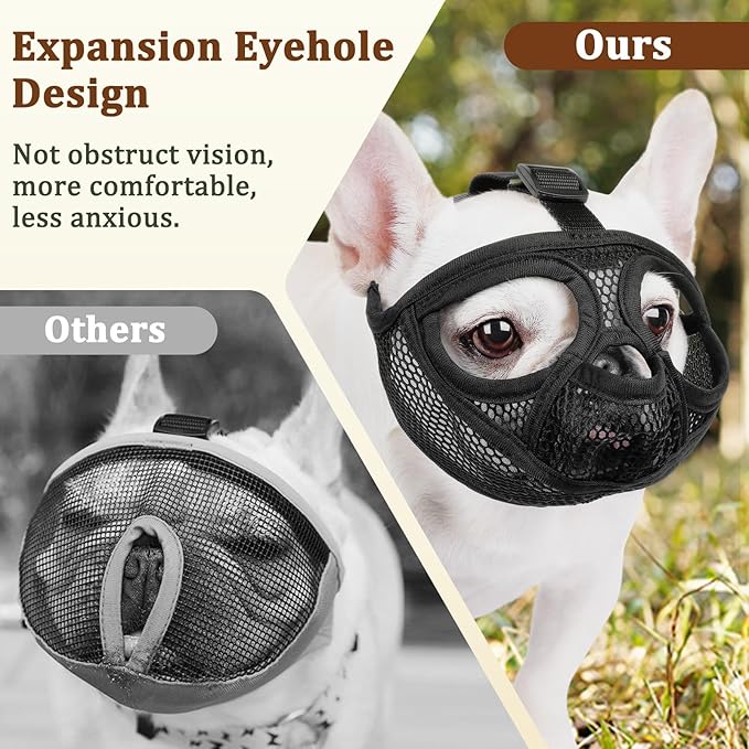 Mayerzon French Bulldog Muzzle, Mesh Short Snout Dog Muzzle for Flat-Faced Dogs Pug English Bulldog, Allows Full Panting & Drinking, Prevents Chewing Eating, Ideal for Grooming Vet Visits Walking