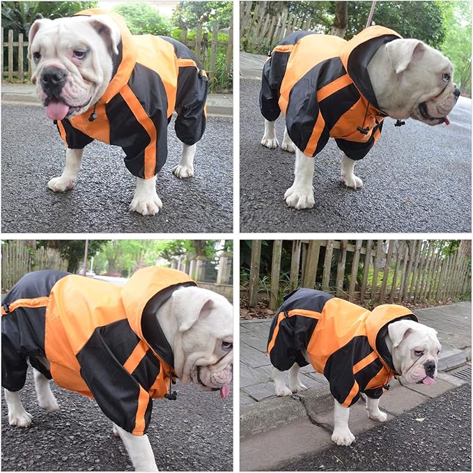 Lovelonglong American Bully Pitbull Dog Hooded Raincoat, Bulldog Rain Jacket Poncho Waterproof Clothes with Hood Breathable 4 Feet Four Legs Rain Coats for Pugs English French Bulldog Orange B-S