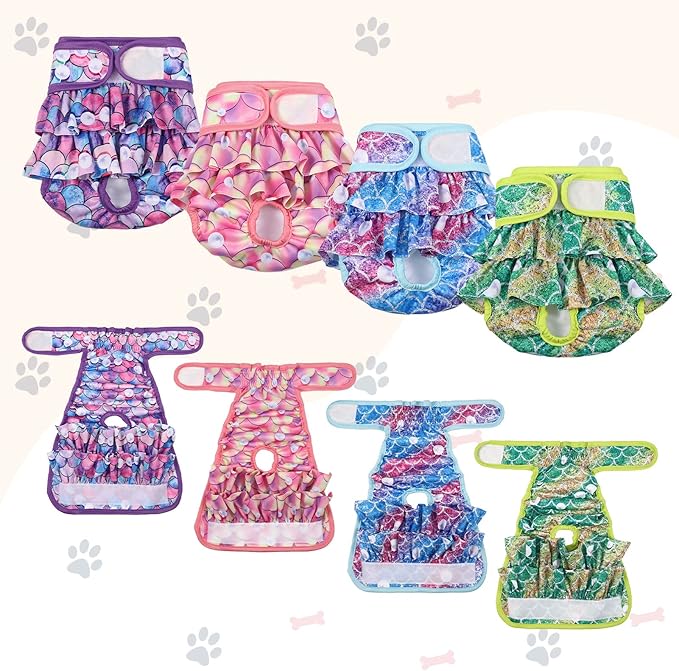 4 Pack Dog Diapers Female Washable Dog Diapers Reusable Puppy Diapers Highly Absorbent Comfortable Doggy Diapers for Dogs in Heat or Excitable Urination (S, Mermaid)