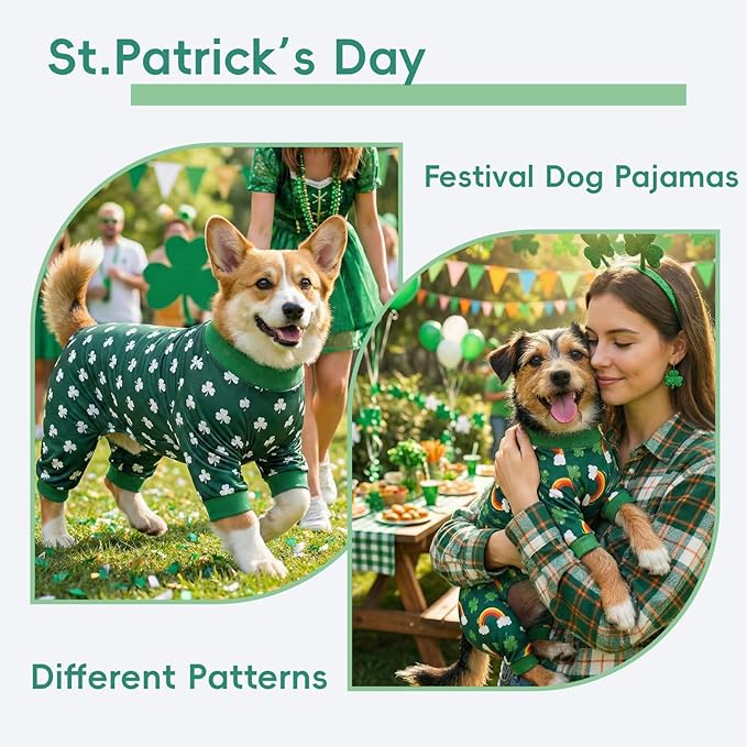 Vehomy 2-Pack St.Patrick's Day Dog Pajamas Clover Rainbow Pet Jumpsuits Puppy Pjs Lucky Shamrock Dog Onesie St Patricks Dog Jammies Costume Outfit Clothes for Small Medium Large Dogs L