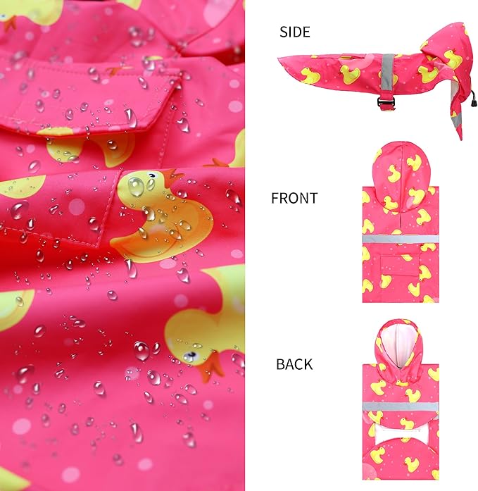 DELIFUR Large Dog Raincoat- Waterproof Dog Rain Poncho Adjustable Double Layer Rain Jacket with Hood for Medium Large Dogs Designed with Leash Hole Reflective Strip and Ducks (Pink Duck, XX-Large)
