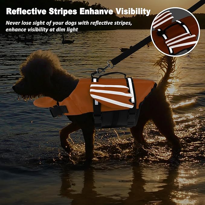 Dog Life Jacket, Cute Wings Adjustable Dog Life Vest with Chin Float and Handle for Swimming Boating Reflective High Buoyancy Swim Float Vest for Small Medium Large Dogs (Orange, M)