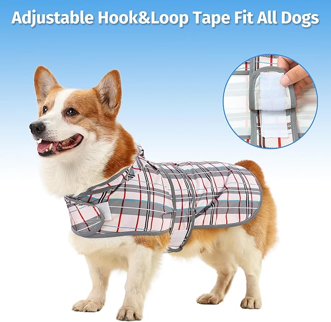 Dog Raincoat for Large Dogs Waterproof Jacket Hooded Rain Coats with Reflective Strips Leash Hole & Poncho Adjustable Fit (Plaid,L)