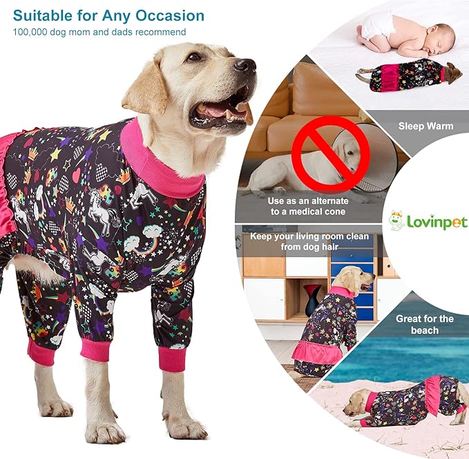 LovinPet Large Breed Dog Pajamas, Wound Care/Post Surgery Recovery Shirt for Large Dogs, Unicorn and Rainbow Black Print, Stop Shedding for Dogs, Pitbull Clothes, Bodysuit Dog Jammies, L