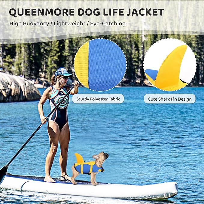 Queenmore Dog Life Jacket, Adjustable Dog Life Vest, Pet Lifesaver for Swimming, Shark Life Jacket with Rescue Handle, Rip-Stop Safety Vest for Small Medium Large Dogs