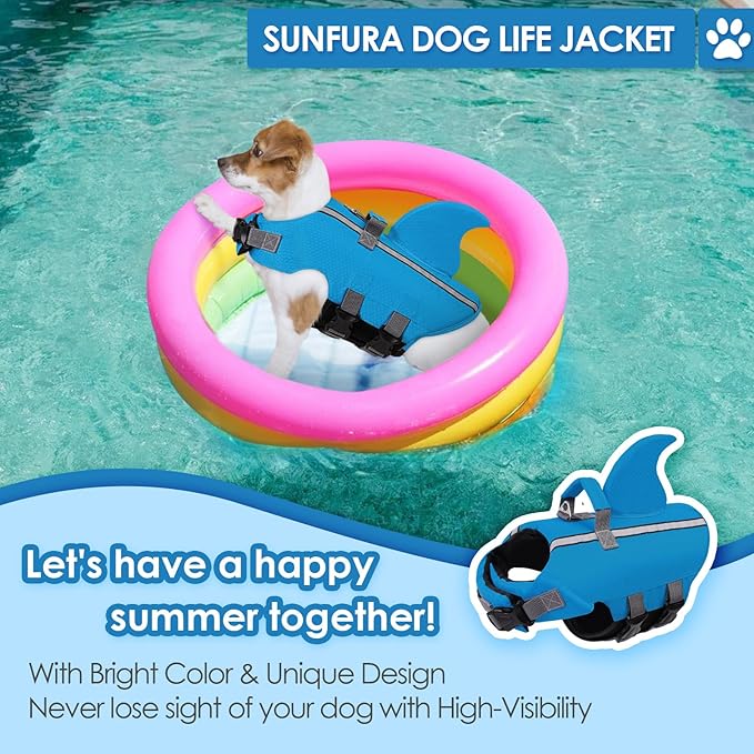 SUNFURA Dog Life Jacket Shark Life Vest for Dogs, Adjustable Swmming Vest with High Buoyancy, Safety Lifesaver with Rescue Handle for French Bulldog Small Medium Breeds, Light Blue M