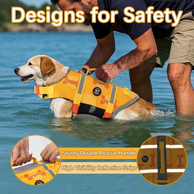 EMUST Dog Life Jackets, Pet Life Vests for Swimming, Beach Boating with High Buoyancy, Exquisite Chinese Embroidery Style Dog Flotation Vest for Small/Medium/Large Dogs, S, OrangeBone