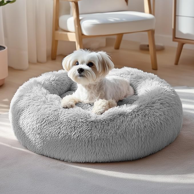 Deconovo Calming Donut Dog Bed, Washable Plush Round Pet Bed for Small Dogs & Cats with Raised Rim, Non-Slip Base and Soft Faux Fur—Lightweight, Easy-Care Design Light Grey 21" L x 21" W x 8" Th