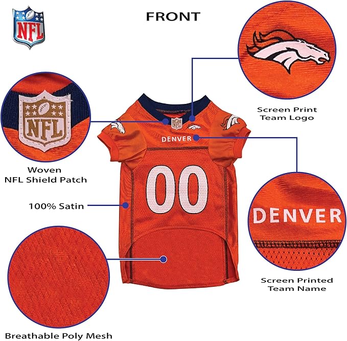 Pets First NFL Denver Broncos Dog Jersey, Size X-Small, Football Shirt Costume for Pet, Dog Sports T-Shirt, NFL Team Clothing for Cats, Licensed Pet Apparel Available in 7 Sizes and 32 Teams