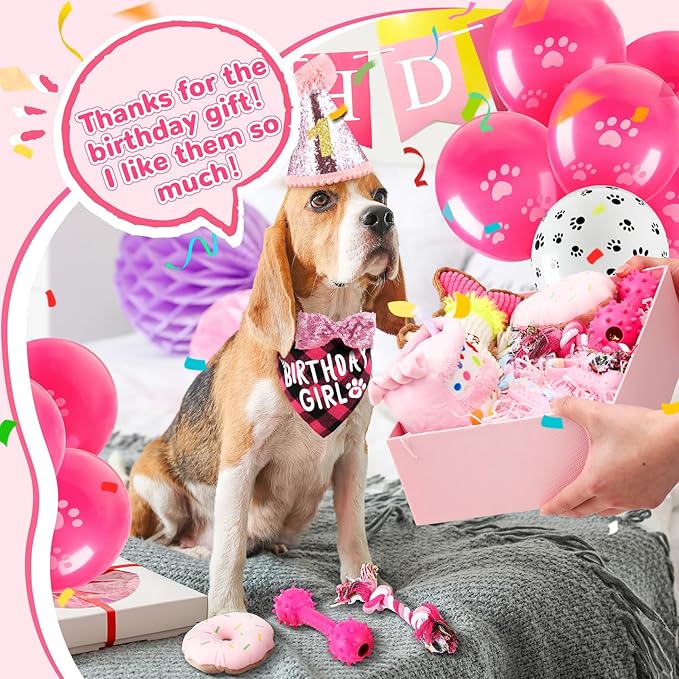 23 Pcs Dog Birthday Party Supplies Set Birthday Toys Cake Teething Squeak Interactive Decorations with Box for Puppy Small Medium Dog(Pink)