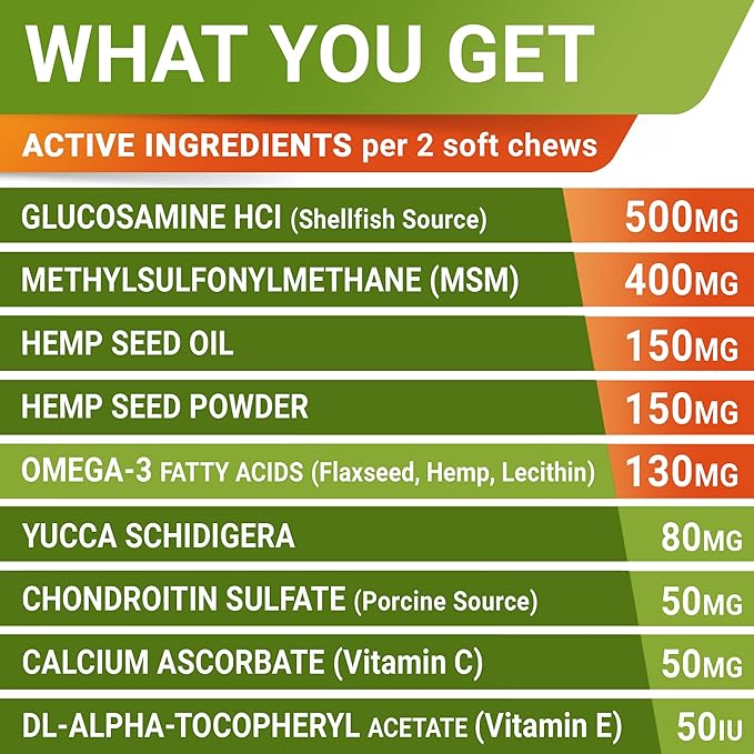 STRELLALAB Hemp Chews for Dogs - Hip & Joint Supplement with Glucosamine - Joint Pain Relief Treats - Omega 3, Chondroitin, MSM - Advanced Mobility Support - Bacon Flavor - 120 Ct - Made in USA