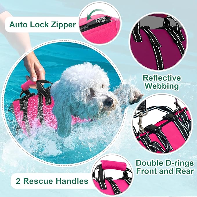 Fragralley Dog Life Jacket with Self-Locking Zipper, High-Buoyancy Ripstop Dog Swimming Vest, Floating Vest with Rescue Handle for Swimming and Boating, PFD Available for Small, Medium, and Large Dogs