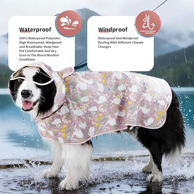 Dog Raincoat, Waterproof Windproof Dog Rain Jacket with Hood, Rain Coat with Leash Hole, Adjustable Raincoat Poncho for Small Medium Large Dogs Outdoor (Pink, L+)