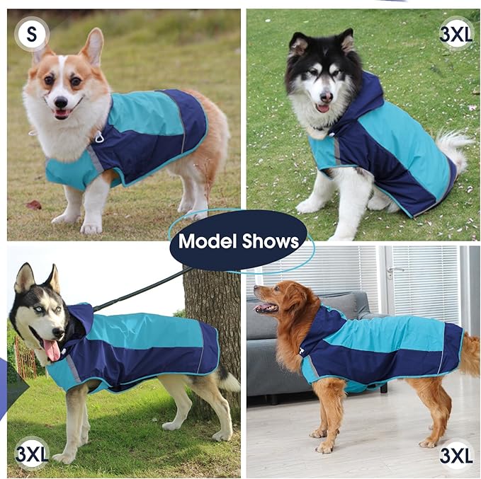 IECOii Dog Raincoat, Waterproof & Windproof Dog Rain Jacket with Reflective Strips for Rainy Walks,Pet Rain Poncho with Hood,Quick Dry,Easy to Wear,3XL Fits for Large Breeds,Blue,XXXL