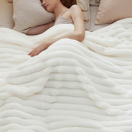 Bedsure Blankets Queen Size for Bed - 350GSM Super GentleSoft Fuzzy Fluffy Cozy Blankets for Women, Cute Large Plush Fleece Throws for Girls, White，90x90 Inches, Wider Striped Design