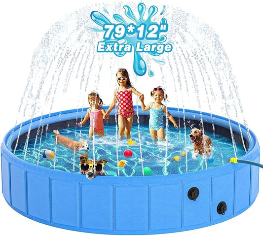 EPN Large Foldable Dog Pool – 0.55MM PVC 2-in-1 Portable Bathtub & Sprinkler for Dogs, Cats, Kids – Heavy Duty, Non-Slip, Summer Water Toy (79 in)