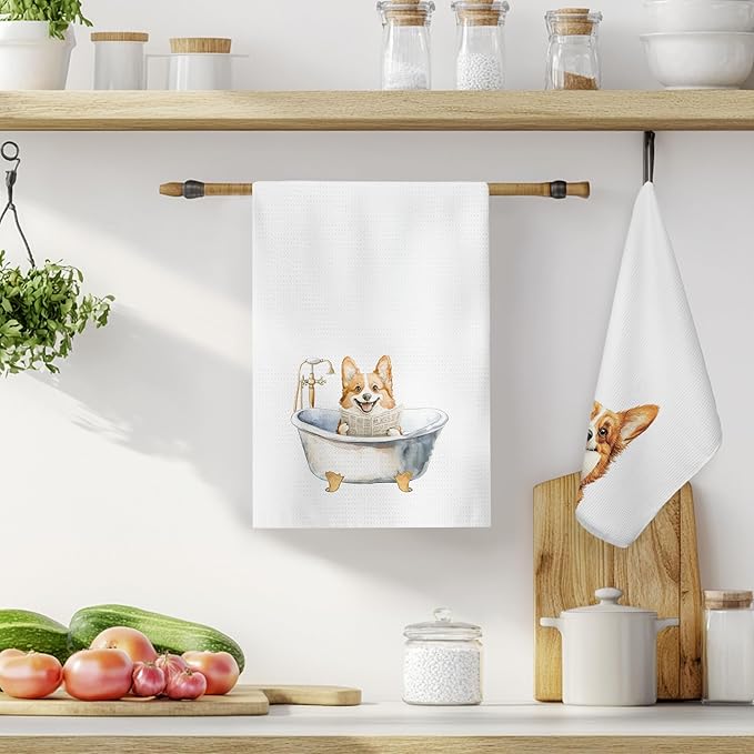 Funny Corgi Dog Bathroom Hand Towels, Corgi Lover Gifts for Women Men, Funny Bathtub Dog Hand Towels for Bathroom Toilet Washroom Restroom Decor, 16x24 Inch Set of 2