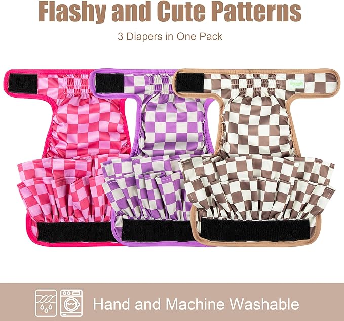 wegreeco Dog Diapers Female (3 Pack), Highly Absorbent Puppy Doggie Dog Diapers for Female Dogs Period, Washable Doggy in Heat, Small Medium Large Size (Checkerboard Red, Purple, Coffee, Medium)