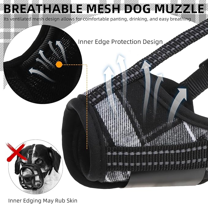 PUPTECK Dog Muzzle, Soft Adjustable Loop Reflective Pets Muzzle Prevent Biting Barking Chewing, Breathable Muzzle with Air Mesh Dog Mouth Guard Drinkable for Large Medium Small Sized D, Black Plaid, S
