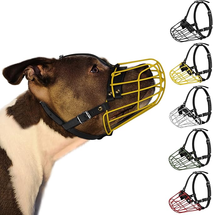 Pitbull Dog Muzzle Metal Mask Amstaff Secure Wire Basket Adjustable Durable Leather Straps for Large Dogs (Steel)