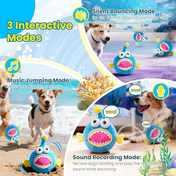 Interactive Dog Toys, Self Moving Dog Toy to Keep Them Busy, Electronic Vibrating Dogs Toy/Squeaky Bouncing Ball for Small Medium Large Dogs with Jumping Music Talking Mode (Lanternfish)
