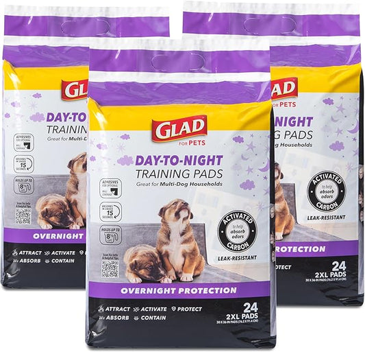 Glad for Pets Day to Night Activated Carbon Puppy Training Pads, Odor Control Disposable Dog Pads with Adhesive and Wall Protection, Leak Proof and Super Absorbent, 30 x 36 Inch, 24 Count - 3 Pack