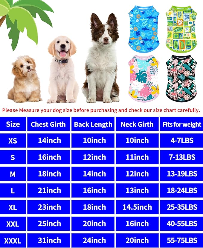 PET SHOW 4 Pack Dog Hawaiian Shirts for Large Dogs UPF 50+ UV Sun Protection Summer Cool Clothes Tank Top Floral Dog T-Shirts Pet Holiday Party Sleeveless Vest Boy Girl(XXX-Large)