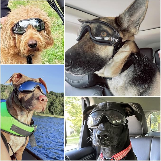 NAMSAN 2 Pair of Dog Goggles, Clear/Black, UV Protection Dog Sunglasses for Medium to Large Dogs, Windproof Driving Dog Eye Protection, Dog Glasses with Elastic Straps, Adjustable