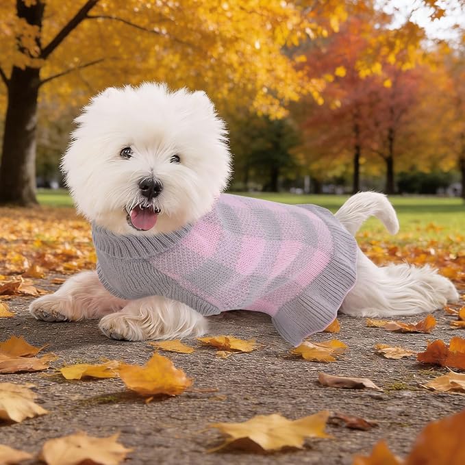 Dog Sweater Dress Plaid Knitwear for Small Medium Dogs Warm Puppy Pet Turtleneck Stretch Pullover Cute Fall Winter Vest Clothes with Leash Hole for Christmas (Grey, XS)