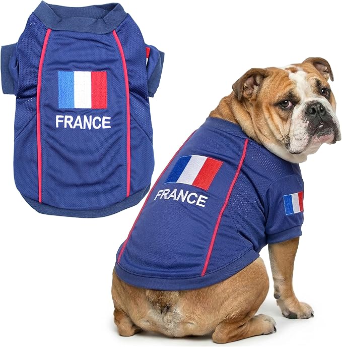 Parisian Pet Team France Dog Jersey - Breathable Mesh Puppy Football Jersey - Lightweight Stretch Sporty Dog Clothes - Summer Shirts for Large Dogs - Soccer Jersey for Dogs - Sportswear Pet Clothes
