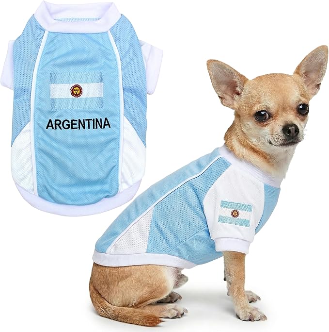 Parisian Pet Team Argentina Dog Jersey - Breathable Mesh Puppy Football Jersey - Lightweight Stretch Sporty Dog Clothes - Summer Shirts for Small Dogs - Soccer Jersey for Dogs - Sportswear Pet Clothes