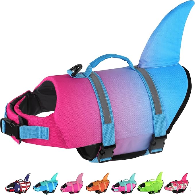 Dogcheer Dog Life Jacket, Cute Shark Dog Life Vest for Swimming Boating with Superior Buoyancy and Rescue Handle, Adjustable Puppy Swim Vest for Small Medium Large Dogs - Gradient Red Blue, M