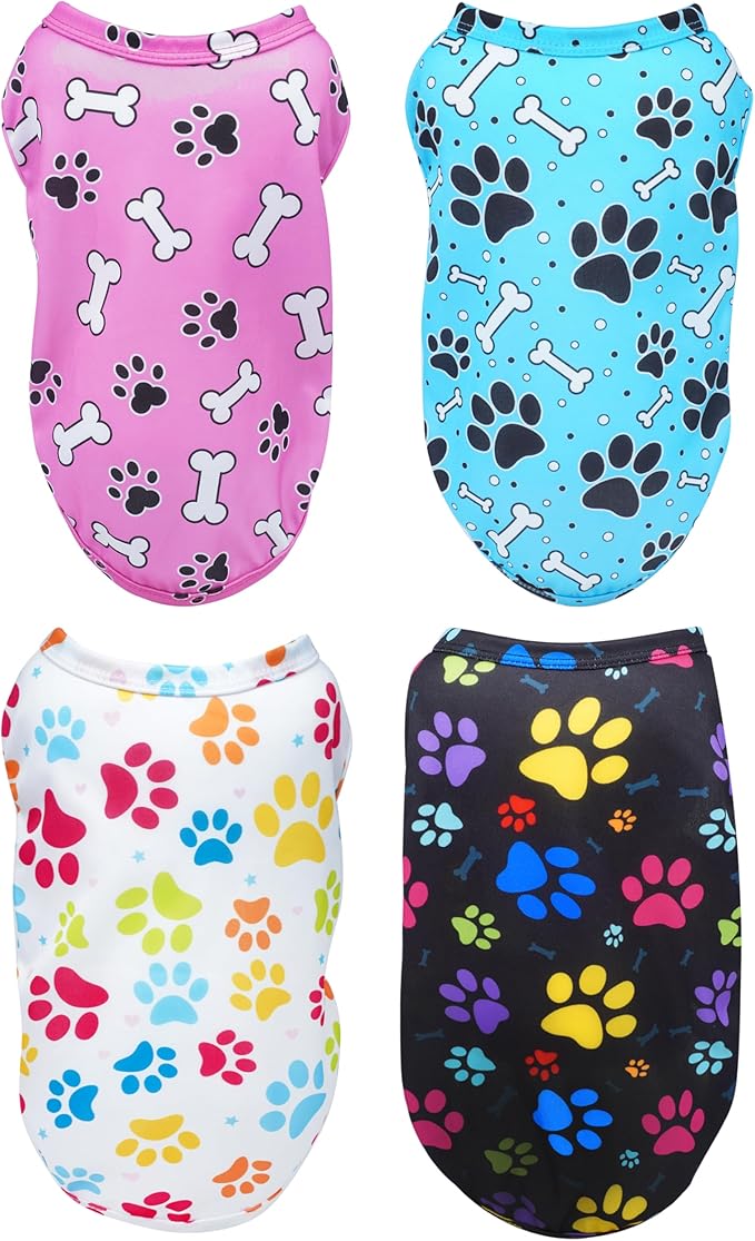 PET SHOW 4 Pack Paw Bone Printed Dog Clothes Shirts Soft Dog Vest Lightweight Sleeveless Cats Doggies T-Shirts Puppies Tank Top Tee Cat Clothes for Small Medium Dogs White Black Pink Blue L
