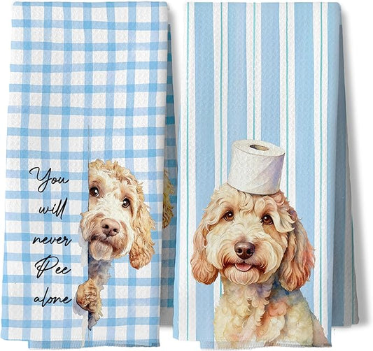 Funny Golden Doodle Bathroom Hand Towels, Goldendoodle Gifts for Women Men, Blue Preppy Plaid Striped Doodle Decorative Hand Tea Towels for Washroom Toilet Restroom, 16x24 Inches Set of 2