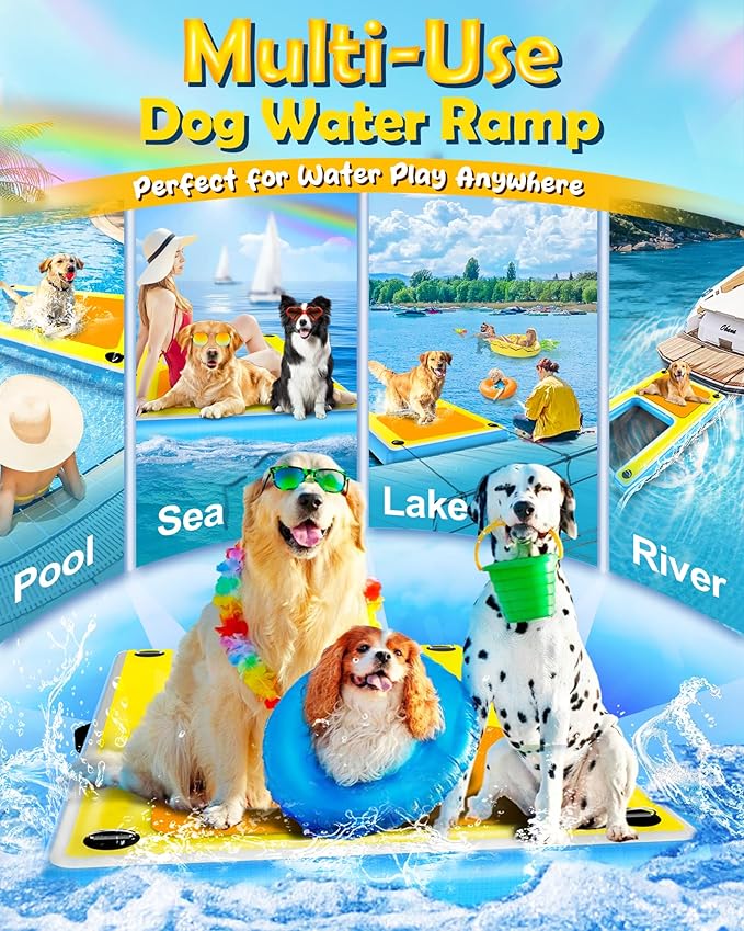 Upgrade Inflatable Dog Ramp,Multi-Use Dog Floats Ladder for Boat Pool Dock Lake,Non-Slip One-Piece Ramp Mesh Swimming Plank for Pup& Large Dogs Up to 240 lbs,Portable for Car Travel,Water Play