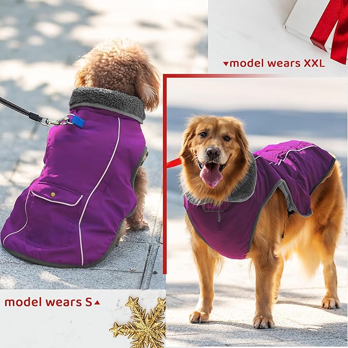 Dog Winter Coat - Warm Dog Clothes for Rain Snow Wind Cold Weather - Reflective Purple Adjustable Windproof Pet Vest Jacket with Leash Hole for Small Medium Large Dogs Indoor Outdoor
