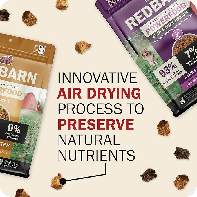 Redbarn Powerfood Air Dried Dog Food for Skin & Coat Health - 93% Lamb, Fish, & Lamb Organs with Omega-3s & 6s - Non-GMO Dry Full Feed or Topper Made in USA - 2lb