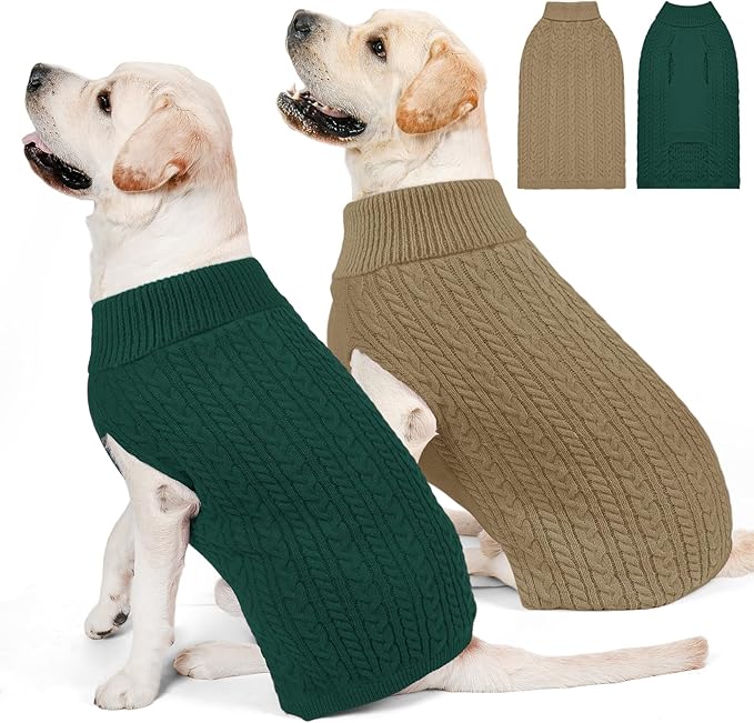 2 Pack Dog Sweaters for Big Dogs Turtleneck Pullover Cable Knit Large Size Stretch Clothes Pitbull Labrador Bulldog Doberman Boy Girl Pets Winter Clothes (XXL, Green & Brown)