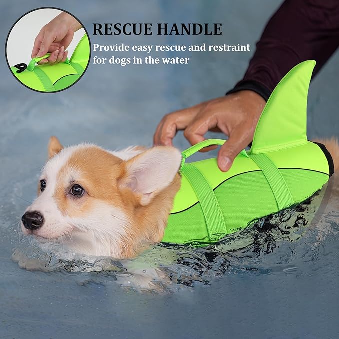 Dogcheer Dog Life Jacket, Cute Shark Dog Life Vest for Swimming Boating with Superior Buoyancy and Rescue Handle, Adjustable Puppy Swim Vest Floating Vest for Small Medium Large Dogs - Green, L