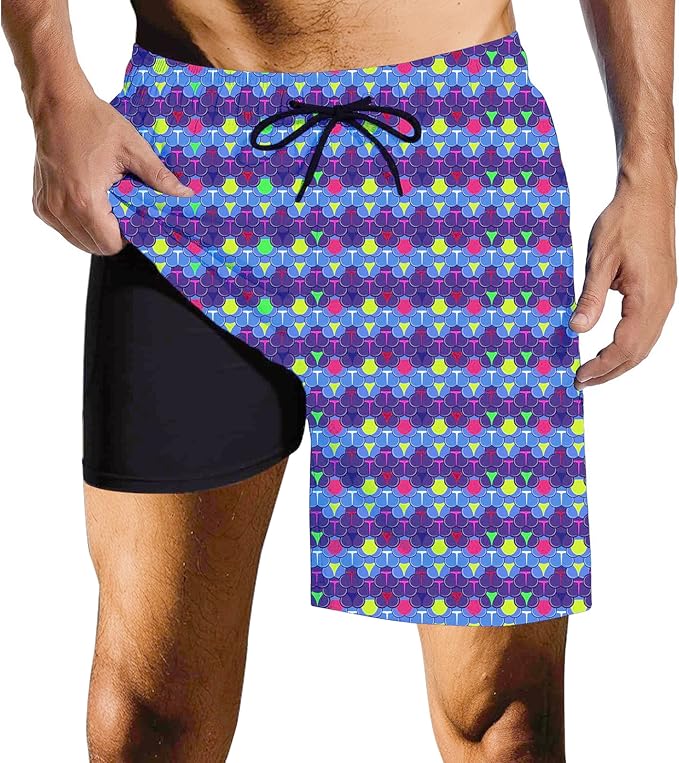 Mens Swim Trunks with Compression Liner Quick Dry Zipper Pocket Bathing