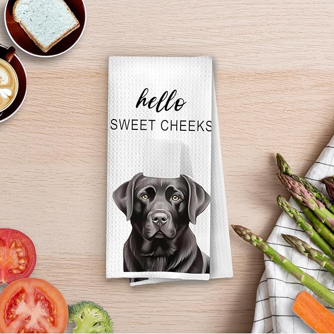 Black Lab Bathroom Decor - Funny Black Lab Gifts Waffle Decorative Hand Towels, Hello Sweet Cheeks Bathroom Decor, 16x24 Inches