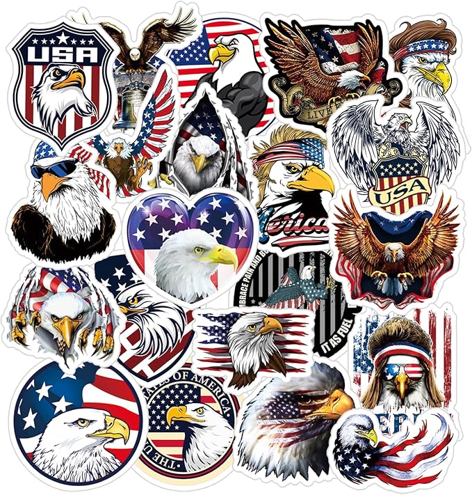 25pcs Cool Bald Eagle Animal Deacls Stickers Pack | American Flag Stickers for Water Bottle Skateboard Guitar Computer Laptop Phone Case Car Helmet