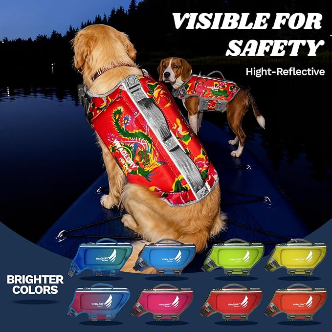 VIVAGLORY High Buoyancy Dog Life Vest, Swimming Vest with Handle, Dog Life Jacket for Swimming & Boating, Buoyancy for Puppy Doggy, XL, Northeast Florals-Red