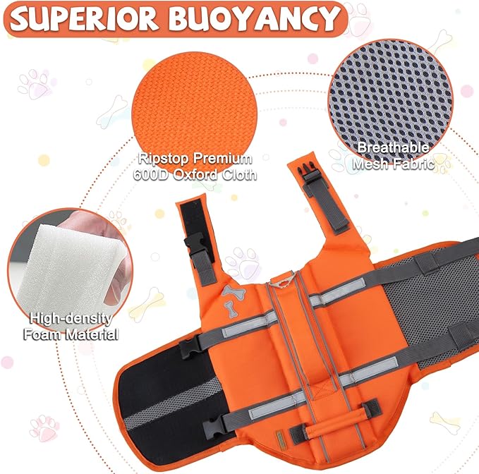 EMUST Dog Life Vests, Adjustable Dog Life Jacket with Rescue Handle, Puppy Flotation Vest for Small/Medium/Large Dogs, XS, NewOrange