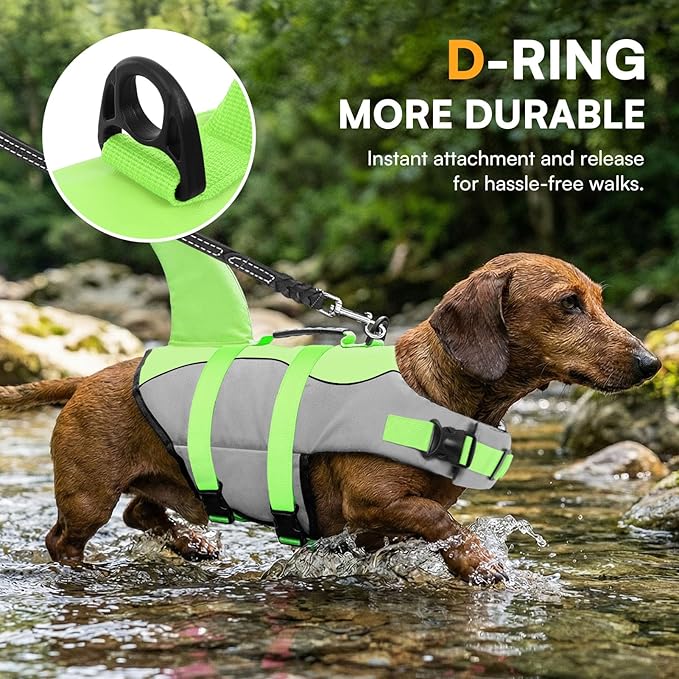Queenmore Dog Life Jacket Ripstop Shark Dog Safety Vest Adjustable Preserver with High Buoyancy and Durable Rescue Handle for Small,Medium,Large Dogs, Green Shark X-Small