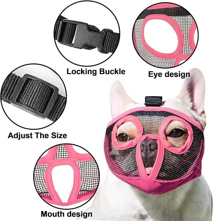 Short Snout Dog Muzzles- Adjustable Breathable Mesh Bulldog Muzzle for Biting Chewing Licking Training Grooming Dog Mask (Pink, Small/9"-12")